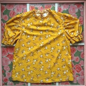 Romwe, yellow floral puff sleeve mock neck